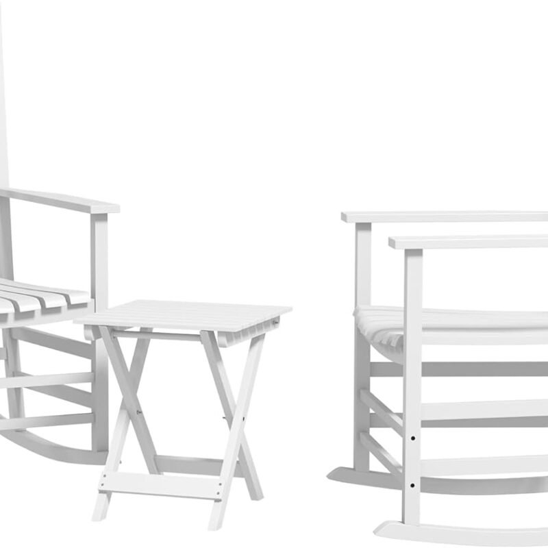 Outsunny Outdoor Rocking Chair Set of 2 with Side Table, Patio Wooden Rocking Chair with Smooth Armrests, High Back for Garden, Balcony, Porch, Supports Up to 352 lbs, White