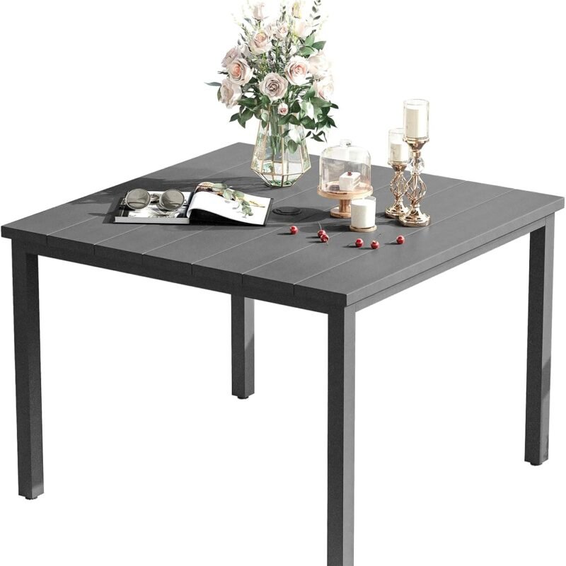 VICLLAX 40.2" Square Patio Dining Table for 4, Outdoor Table with Umbrella Hole, All Weather Metal Patio Table for Lawn Garden, Grey Tabletop