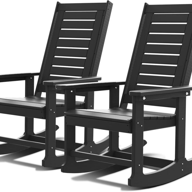 Outdoor Rocking Chairs | Set of 2 | Porch Rocker | HDPE Plastic | Black | Oversized Rockers | High Back | Big & Tall | Ladder Back | for Patio Outside Backyard Balcony Garden