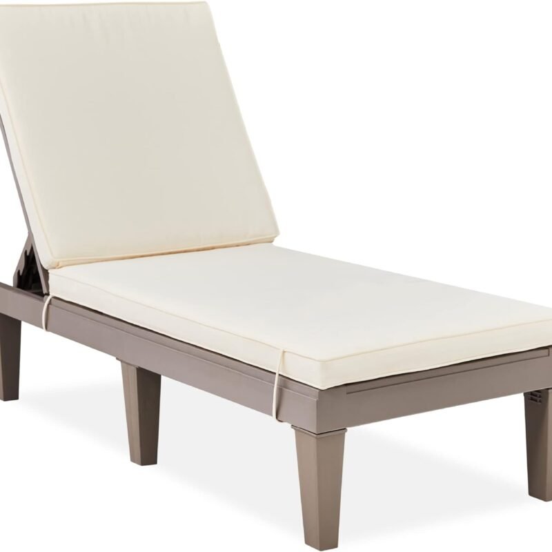 Best Choice Products Outdoor Lounge Chair, Resin Patio Chaise Lounger for Poolside, Backyard, Porch w/Seat Cushion, Adjustable Backrest, 5 Positions, 330lb Capacity - Brown/Ivory