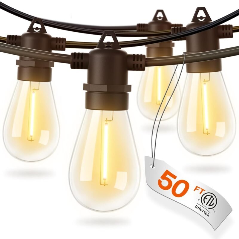 addlon 50FT LED Outdoor String Lights with Edison Shatterproof Bulbs, Weatherproof Strand, Commercial Grade Patio Lights, Decorative for Garden or Patio, Black