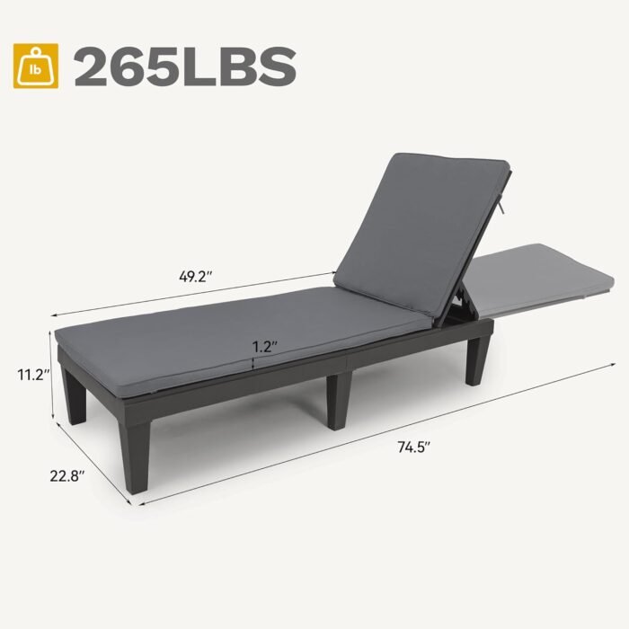 DWVO Outdoor Chaise Lounge with Cushion, Patio Chaise Lounge Chair Set of 2 w/ 5-Level Backrest, Lounge Chair for Garden, Pool, Beach and Patio, Easy Assembly & Lightweight (Black) - Image 3