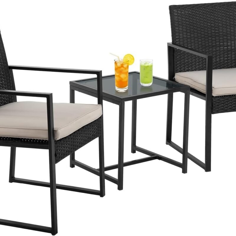 PayLessHere 3-Piece Rattan Wicker Bistro Set Outdoor Conversation Set Sturdy Frame Wicker Furniture with 2 Chairs Cushions Tempered Glass Table for Poolside Balcony Patio Bar Garden (Khaki)