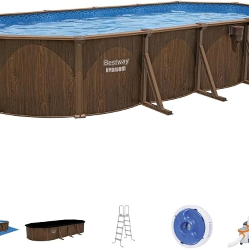 Bestway Hydrium 24' x 12' x 52" Oval Above Ground Swimming Pool Set Outdooor Steel Wall Family Pool with Sand Filter, Ladder, & Cover, Brown Woodgrain
