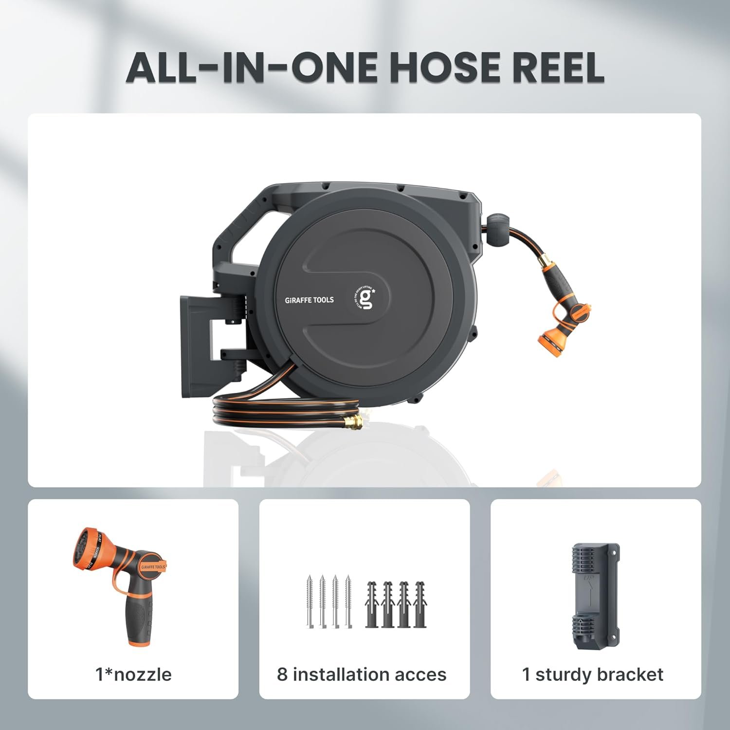Giraffe Tools AW30 Garden Hose Reel Retractable 1/2" x 100 ft Wall Mounted Water Hose Reel Automatic Rewind, Any Length Lock, 100 ft, Dark Grey - Image 2