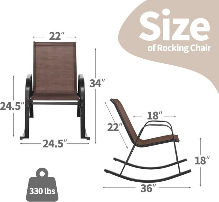 Tangkula Patio Rocking Chair Set of 2, Outdoor Ergonomic Rockers with Breathable Fabric Seat, Gentle Rocking Function, Sturdy Metal Rocker for Front Porch, Backyard, Garden (1, Dark Brown) - Image 3