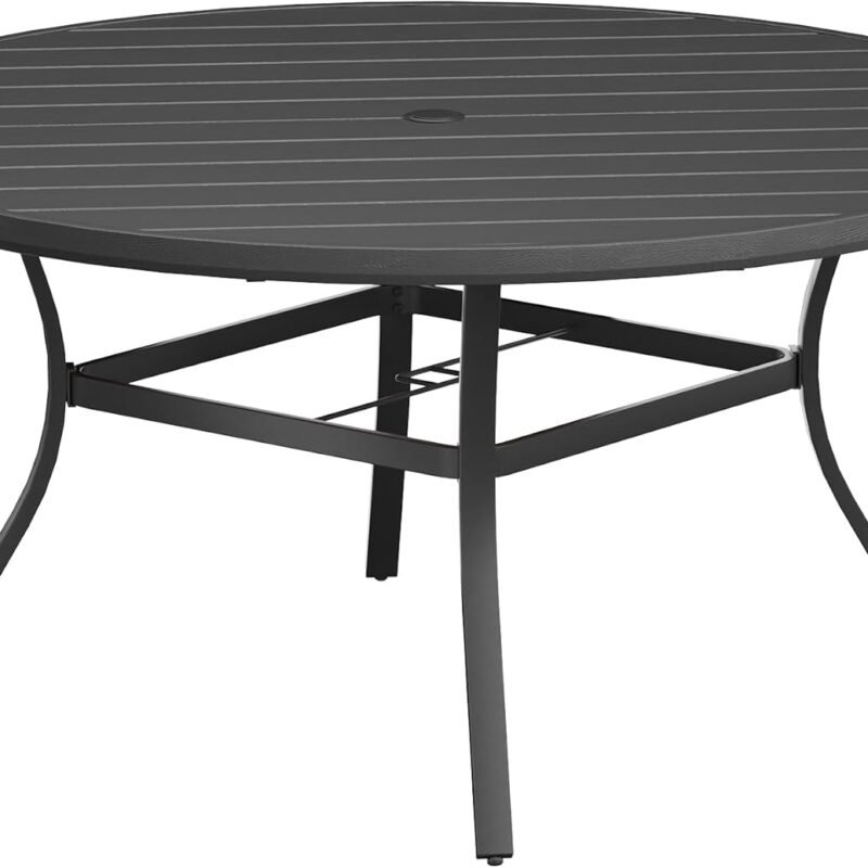 VICLLAX Round Patio Table with Adjustable Umbrella Hole for 8, All Weather Plastic Wood Grain Outdoor Dining Table for Lawn Garden, 56.3" Outdoor Coffee Table, Black Tabletop