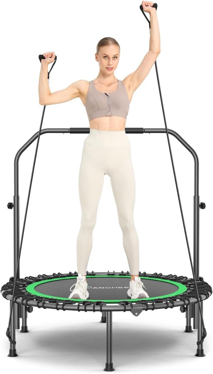 Mini Trampoline for Adults, ANCHEER Indoor Trampoline with Bungees 450/550 lbs Max Load with 4 Level Adjustable Handle Bar 40''/48'' Foldable Trampoline Kid Adult with Reinforced Stitching