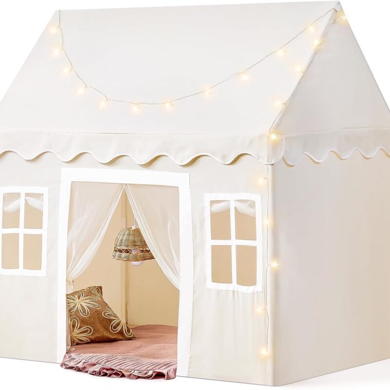 Tiny Land Play Tent with Padded Mat & LED Lights, Kids Tent, Playhouse for Kids, Indoor Bed Tent for Toddler, Toys for 3,4,5,6-Year-Old Girls, Neutral Color Play Room Furniture