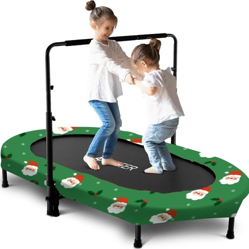 Kids Indoor Trampoline, ANCHEER 56" Foldable Mini Trampoline with 5 Level Adjustable Handle Bar, Double Trampoline for Kid and Adults 220lbs Max Load