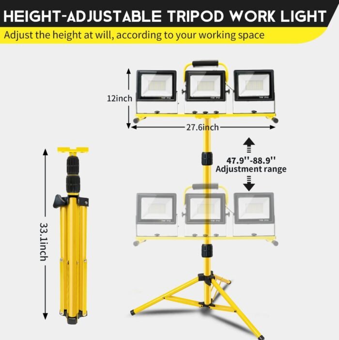21000Lumen LED Work Lights with Stand: 3 Head Adjustable Work Light with Individual Switch - IP66 Waterproof Foldable Tripod Worklight with 16.4FT Cord for Indoor Outdoor Portable Lighting - Image 5