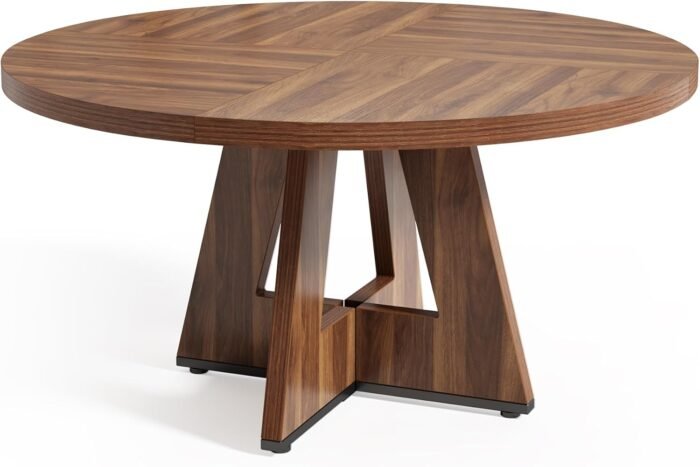 LITTLE TREE Round Dining Table for 4-6 People, 47 Inches Dining Room Table with Wooden Pedestal Base, Brown Dinner Table, Circle Kitchen Table for Dining Room, Kitchen, Living Room(Table Only) - Image 8