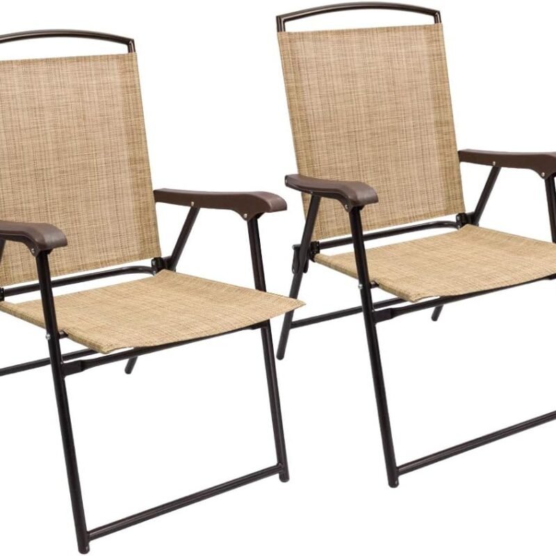 Devoko Patio Folding Chair Deck Sling Chair Camping Garden Pool Beach Using Chairs Space Saving Set of 2 (Beige)