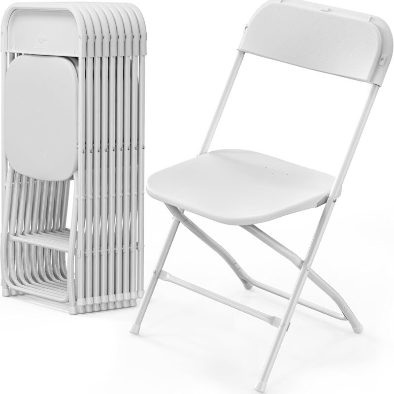 VINGLI 10 Pack White Plastic Folding Chair, Indoor Outdoor Portable Stackable Commercial Seat with Steel Frame 350lb. Capacity for Events Office Wedding Party Picnic Kitchen Dining