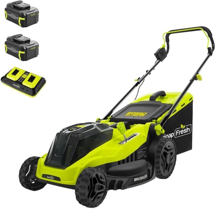 SnapFresh Electric Lawn Mower Cordless - 40V (2 x 20V) 16” Brushless Push Lawn Mower with 4.0Ah Battery x 2 and Fast Charger Included - Battery Operated Lawn Mower with Bagger