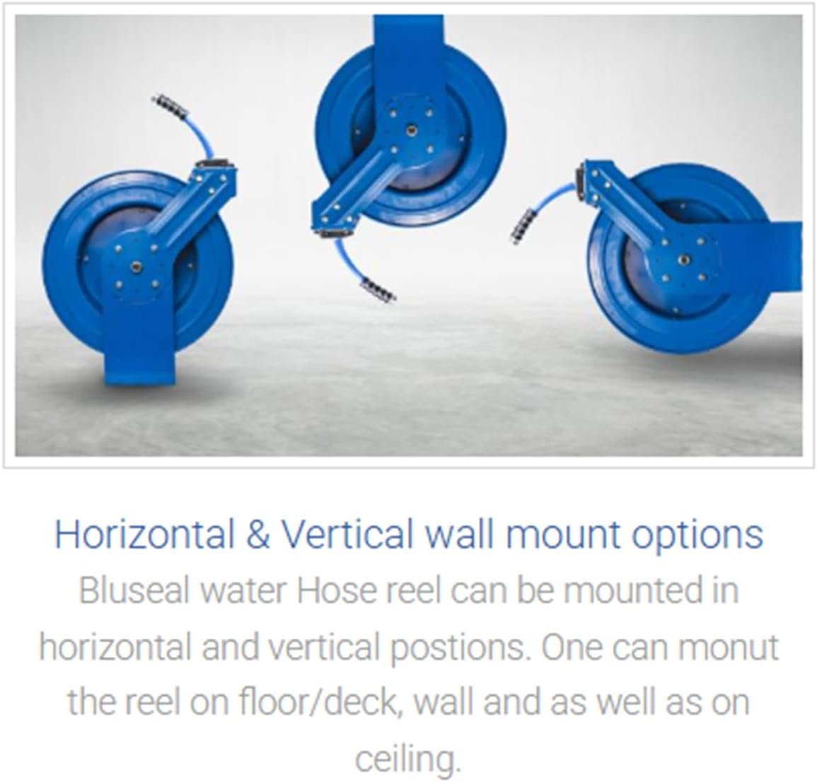 BLUSEAL BSWR5850 Retractable Hose Reel with 5/8" x 50' Hot Water Rubber Hose, 6' Lead-in, 500 PSI, Brass Fittings, Swivel Mount Hose Reel, 9 Pattern Spray Nozzle - Image 4