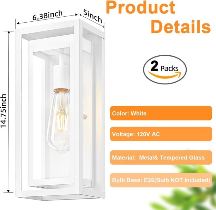 15" Large Outdoor Wall Lights, 2 Pack White Outdoor Light Fixtures, Modern Waterproof Exterior Lighting Sconces with Clear Glass Shade for Front Door, Porch, Garage - Image 4