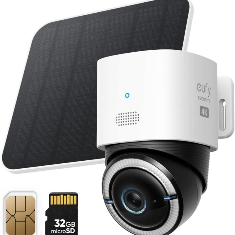 eufy Security 4G LTE Cam S330, 4K Cellular Solar Security Cameras Wireless Outdoor, Pan and Tilt, 4G and Wi-Fi Duo-Mode, AI Tracking, with SIM Card and 32GB SD Card, No WiFi, No Problem