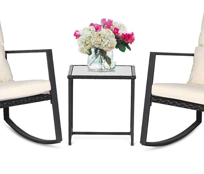 SUNCROWN 3 Piece Outdoor Rocking Bistro Set Black Wicker Furniture Porch Chairs Conversation Sets with Glass Coffee Table, Beige