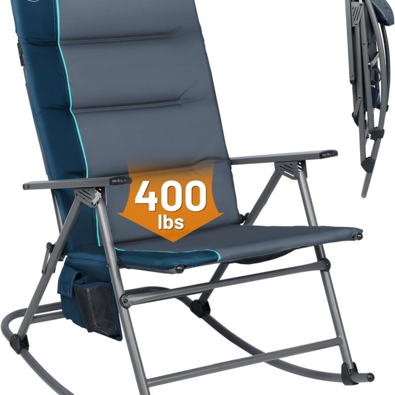 TIMBER RIDGE Oversized Folding Rocking Camping Chair, Padded Outdoor Rocker with High Back, Portable Outdoor Chair for Patio, Garden, Lawn, Supports up to 400 lbs, Blue