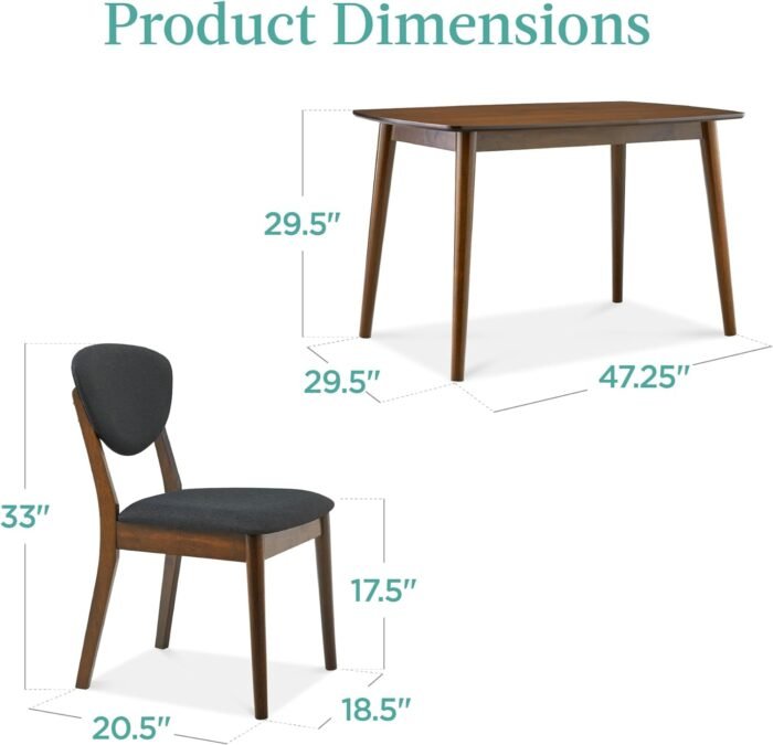 Best Choice Products 5-Piece Dining Set, Compact Mid-Century Modern Table & Chair Set for Home, Apartment w/ 4 Chairs, Padded Seats & Backrests, Wooden Frame - Walnut/Charcoal - Image 7
