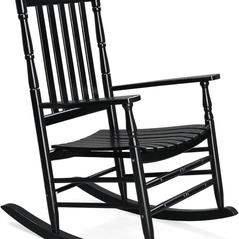 VINGLI Wood Rocking Chair Outdoor with 450 lbs Support Relaxing Rocker Solid Wood High Back Seat Reclining Seat for Deck, Garden, Backyard, Porch, Indoor or Outdoor Use, Black