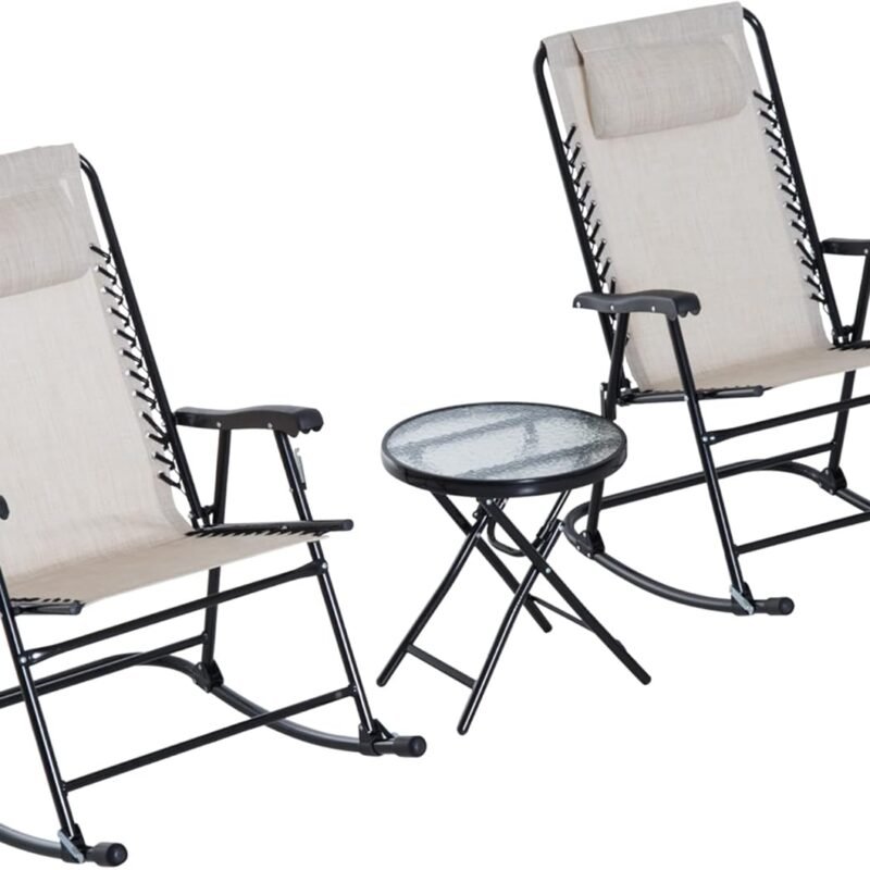Outsunny 3 Piece Outdoor Rocking Chair Set, Patio Folding Lawn Rocker Set with Glass Coffee Table, Headrests for Yard, Patio, Deck, Backyard, Cream White