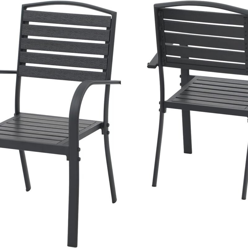 SUNSITT Patio Dining Chairs Set of 2, Aluminum Outdoor Dining Chairs with Faux Wood Slats, All-Weather Stackable Patio Chairs w/Armrests for Lawn, Porch, Garden and Deck, Black