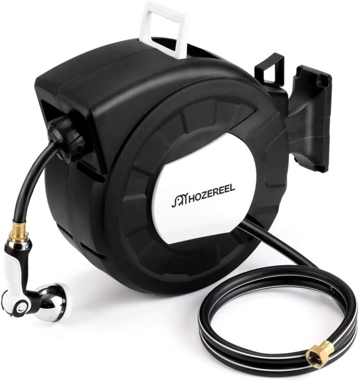 100ft Retractable Garden Hose Reel by HOZEREEL, 1/2" Hybrid Rubber Hose, Water Hose Reels Automatic Rewind Storage, 10 Patterns Nozzle Included