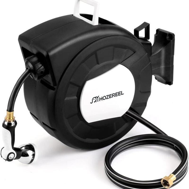 100ft Retractable Garden Hose Reel by HOZEREEL, 1/2" Hybrid Rubber Hose, Water Hose Reels Automatic Rewind Storage, 10 Patterns Nozzle Included