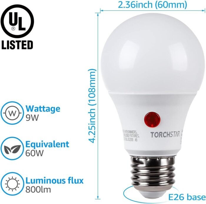 TORCHSTAR Dusk to Dawn Light Bulbs Outdoor, Sensor A19 LED Light Bulb, Auto on/Off Photocell Automatic for Outdoor Lighting, 5000K, Pack of 4 - Image 4