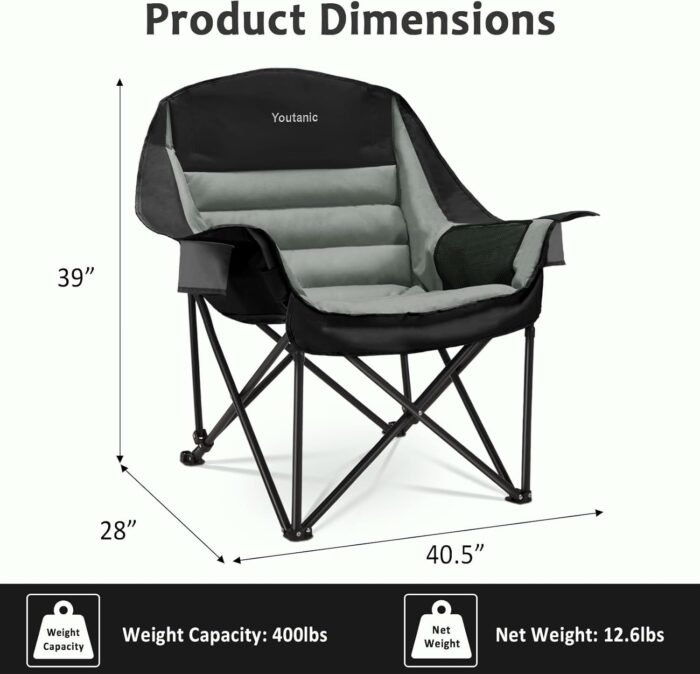 Oversized Camping Chair, Portable Folding Camping Chairs with Side Pocket, Cup Holder and Carry Bag, Heavy Duty Outdoor Camping Chairs for Adults, Fishing, Sports, Trip, up to 400lbs, Style 4 - Image 3