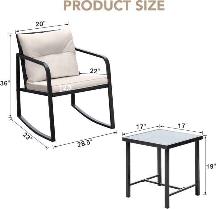 Devoko 3 Piece Rocking Bistro Set Wicker Patio Outdoor Furniture Porch Chairs Conversation Sets with Glass Coffee Table (Beige) - Image 6