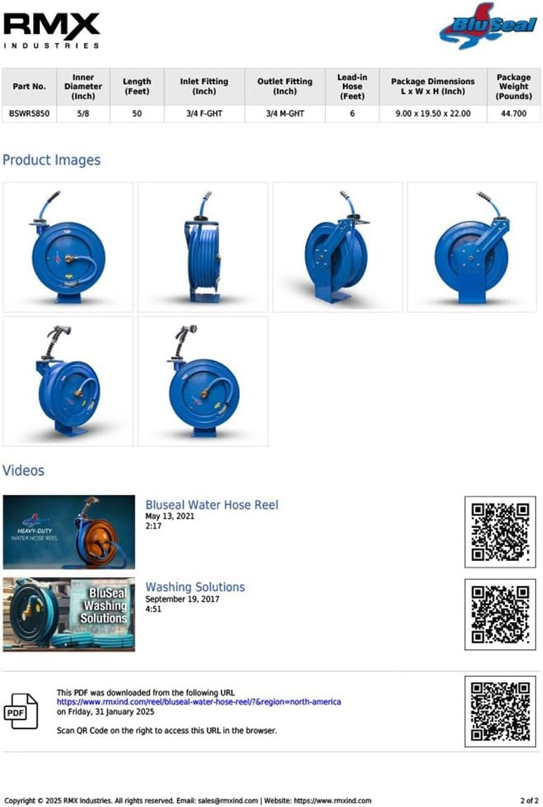 BLUSEAL BSWR5850 Retractable Hose Reel with 5/8" x 50' Hot Water Rubber Hose, 6' Lead-in, 500 PSI, Brass Fittings, Swivel Mount Hose Reel, 9 Pattern Spray Nozzle - Image 7