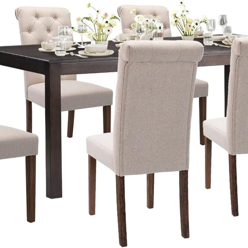 COLAMY 7-Piece Dining Table Set for 6, 60" Rectangular Farmhouse Kitchen Wood Table with 6 Tufted Dining Room Chairs, Brown/Beige
