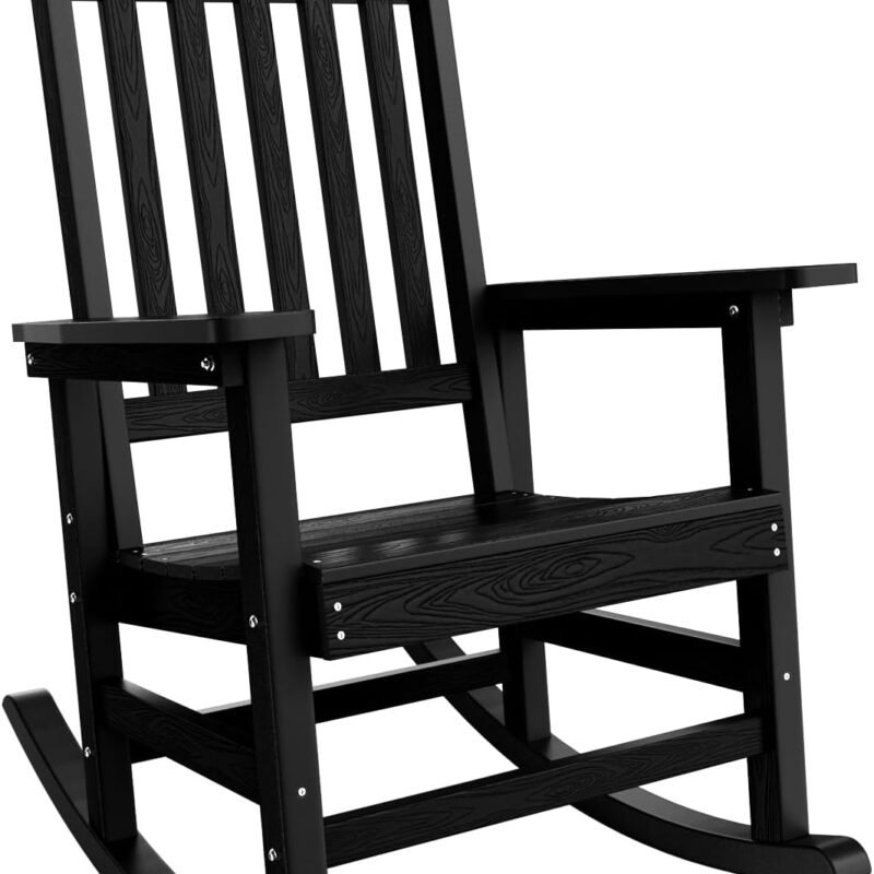 YEFU Outdoor Rocking Chair Oversized,Seat Depth 22",Backrest Height 31",Patio Poly Wide Rocker Chair with 380lbs Weight Capacity,Weather Resistant,for Lawn, Porch, Backyard, Indoor and Garden(Black)