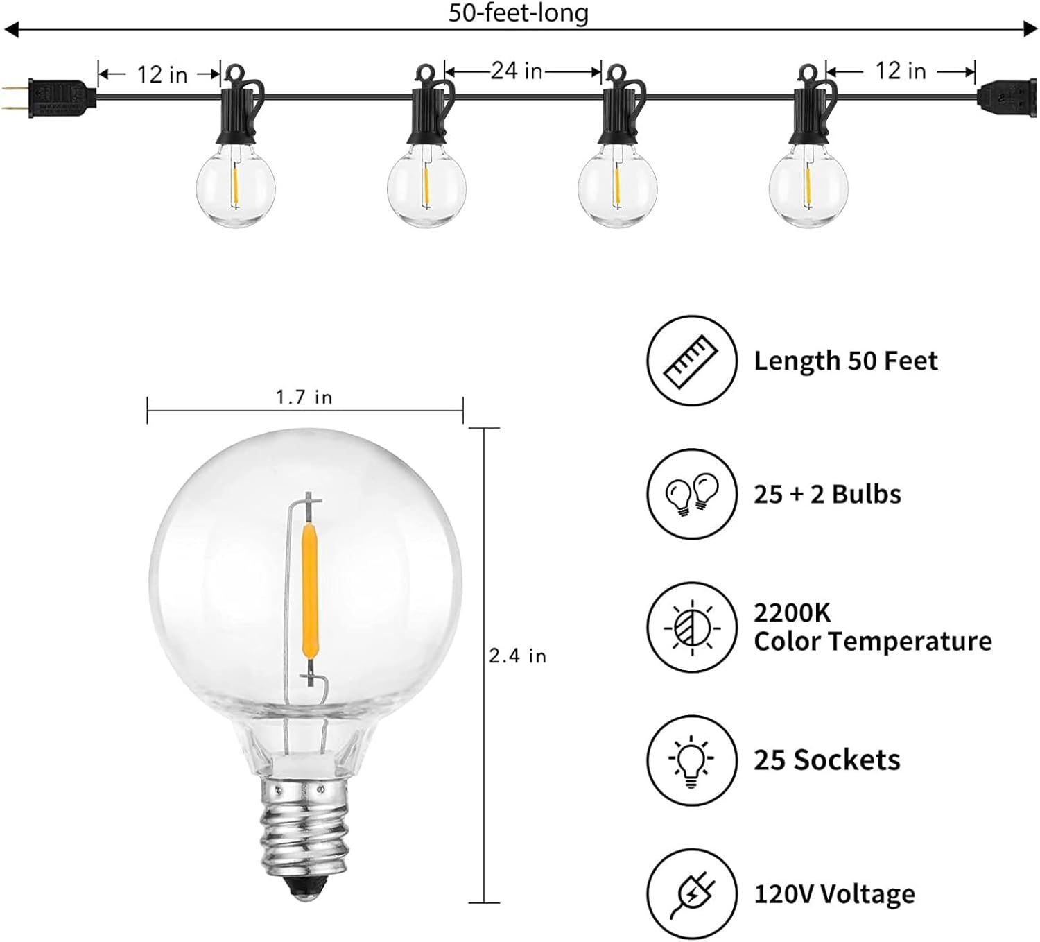 Brightown Outdoor String Lights - Connectable Dimmable LED Patio String Lights with G40 Globe Plastic Bulbs, All Weatherproof Hanging Lights for Outside Backyard Porch (50 ft - 25 LED Bulbs) - Image 5