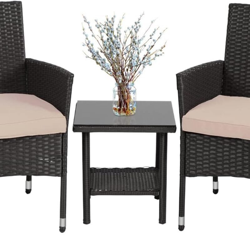 FDW Patio Furniture Set Outdoor Furniture Wicker Bistro Rattan Chair Conversation Sets with Coffee Table for Yard Backyard Lawn Porch Poolside Balcony,Black and Beige