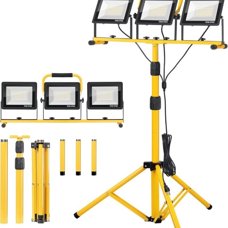 21000Lumen LED Work Lights with Stand - 3 Head Portable Work Light with 16FT Cord - IP66 Waterproof Tripod Worklights for Outdoor Indoor Job Site Workshop Garage Construction Site Lighting