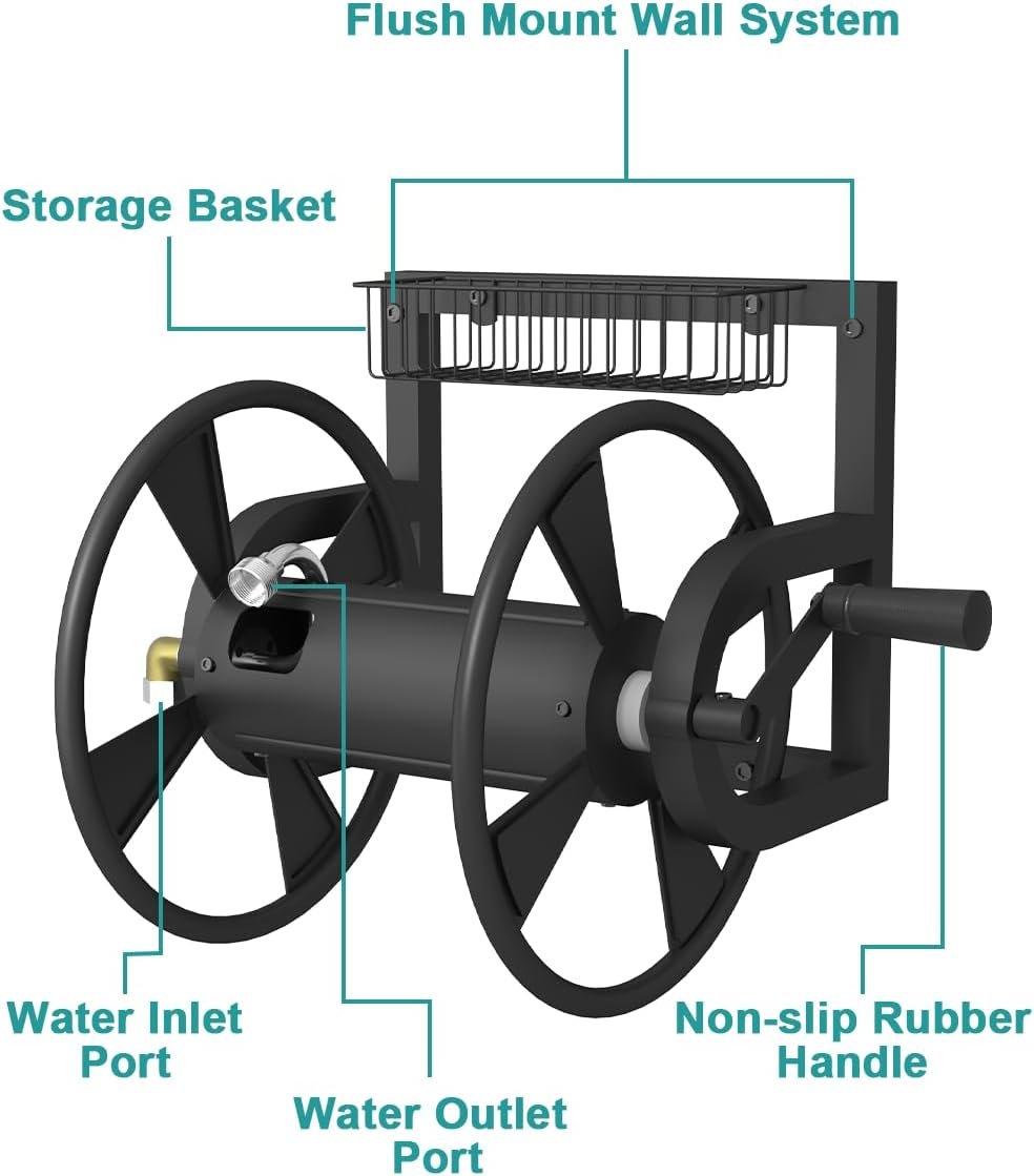 Garden Wall Mounted Hose Reel, Outdoor Heavy-Duty Water Hose Holder Winder, Holds 125 Feet of 5/8-Inch Hose, with 3.9 ft Leader Hose, Brass Fitting and Storage Basket for Yard, Black - Image 5
