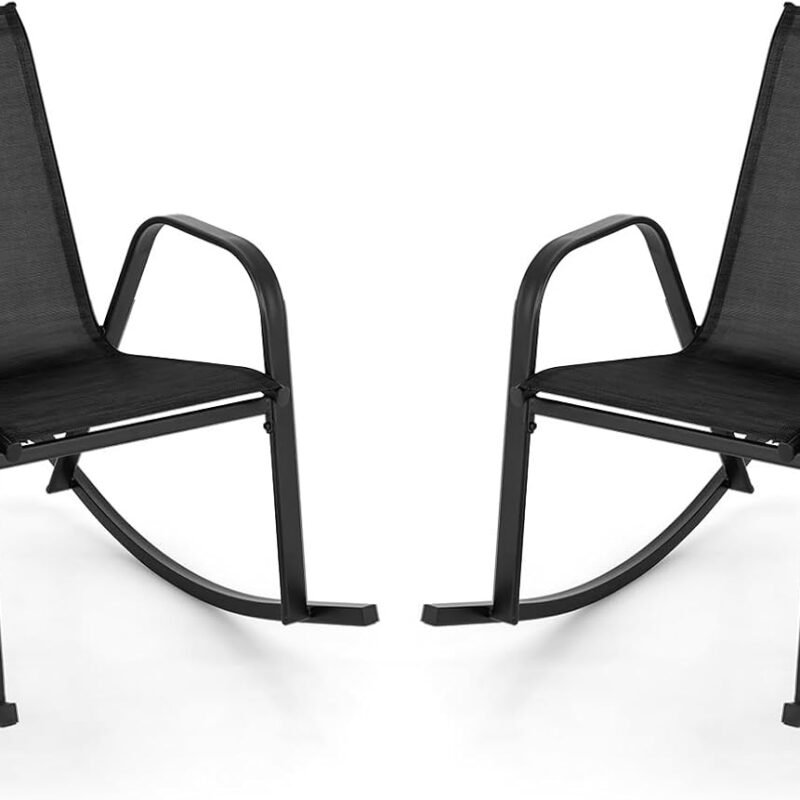 Giantex Outdoor Rocking Chairs Set of 2, Patio Rocking Chairs w/Breathable Seat & Back, Heavy-Duty Metal Support, Ergonomic Outside Rocker for Backyard, Poolside, Garden (1, Black)