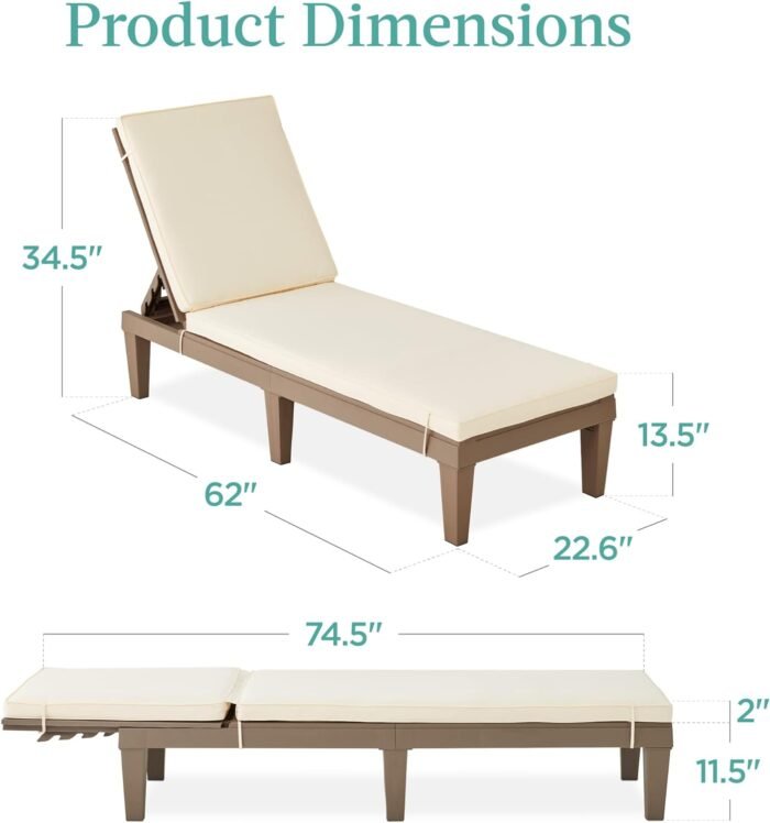 Best Choice Products Outdoor Lounge Chair, Resin Patio Chaise Lounger for Poolside, Backyard, Porch w/Seat Cushion, Adjustable Backrest, 5 Positions, 330lb Capacity - Brown/Ivory - Image 3