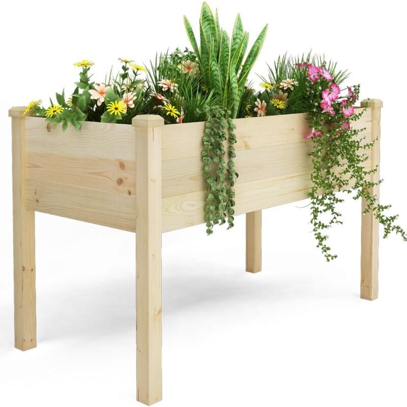 BIRASIL Outdoor Raised Garden Bed, Wood Planter Box for Vegetable Flower, Elevated Reinforced Large Garden Planters Boxes for Backyard Patio Gardening Balcony (48.5”L, Natural Wood)