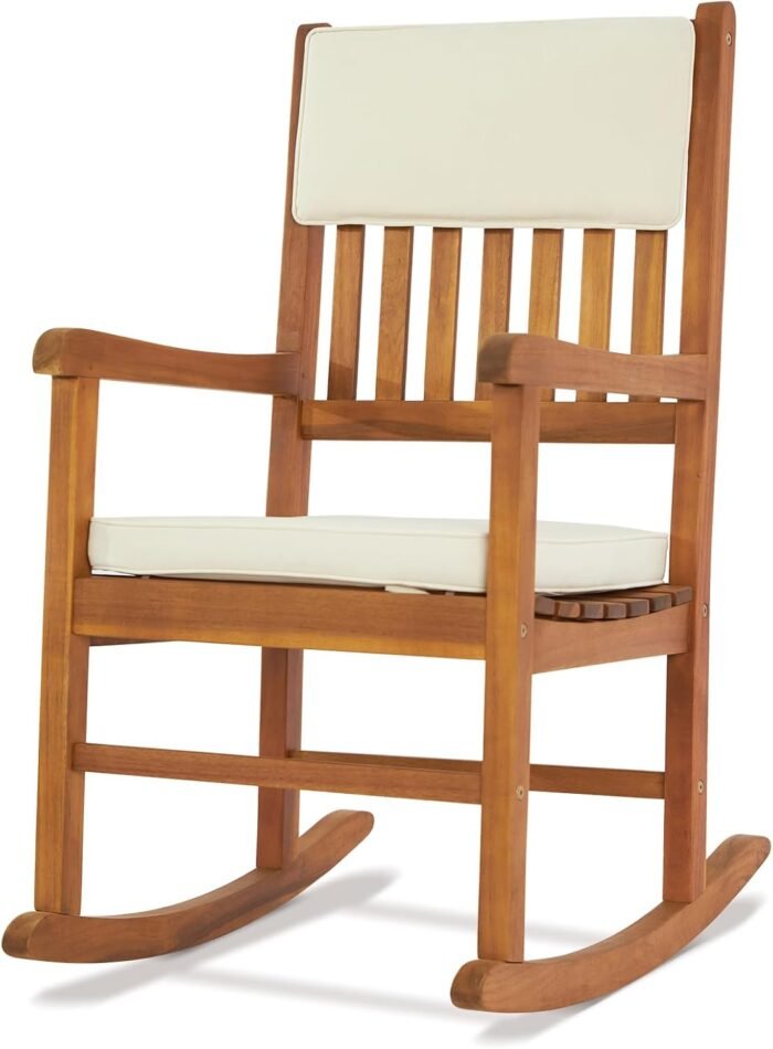 VINGLI Acacia Outdoor Rocking Chair with Cushions, Wooden Rocker Support 550 LBS for Indoors & Outdoors, 1 Pack