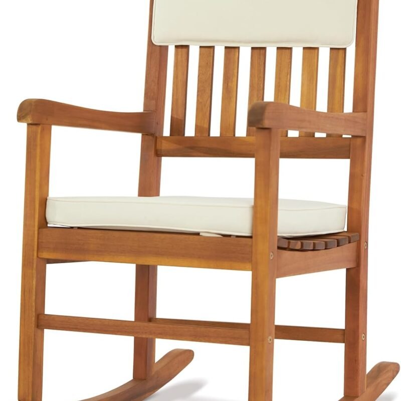 VINGLI Acacia Outdoor Rocking Chair with Cushions, Wooden Rocker Support 550 LBS for Indoors & Outdoors, 1 Pack