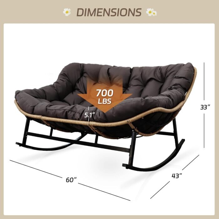 BULEXYARD Dark Grey Double Outdoor Rocking Papasan Chair, Oversized PE Wicker 2 Person Patio Rocking Egg Chair with Thick Cushion, Large Indoor Rocker Loveseat Chair - Image 2