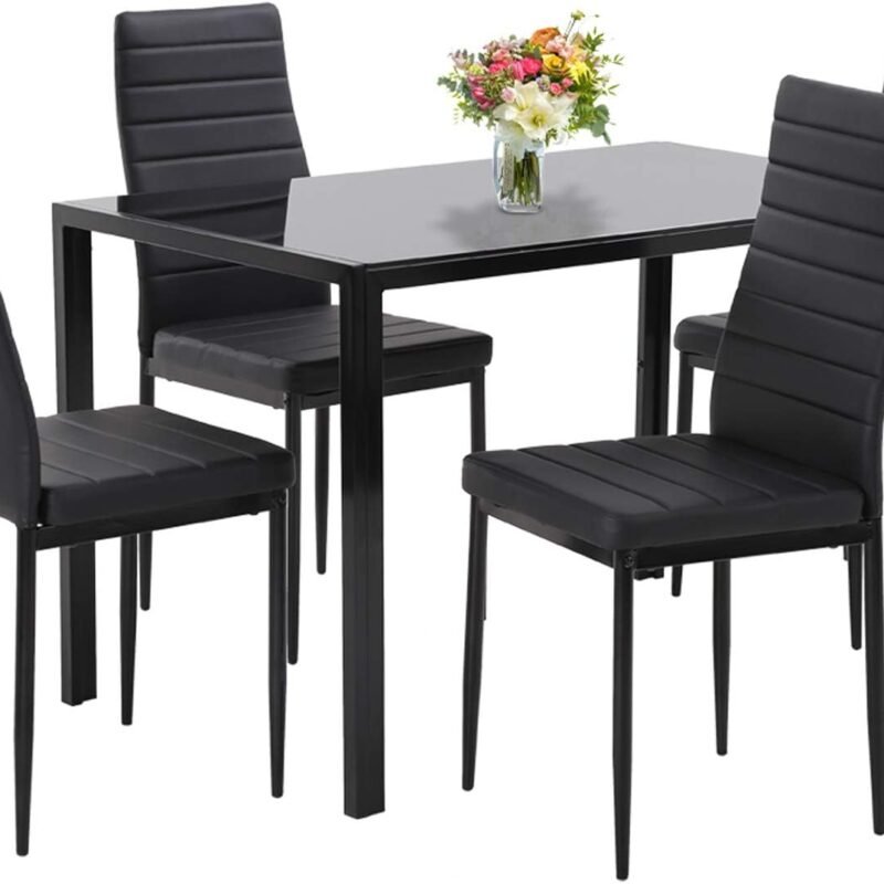 PayLessHere Dining Room Table Set 5-Piece Kitchen with 4 Faux Leather Metal Frame Chairs Rectangular Modern for Small Spaces w/Glass Tabletop Kitchen Table and Chairs, Black Glass