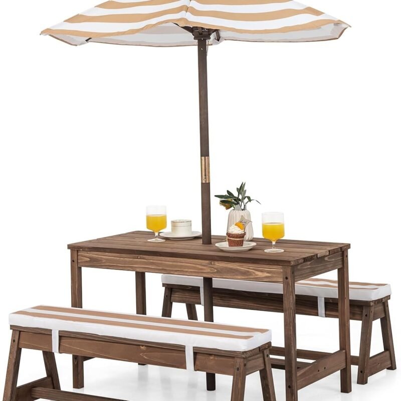 HONEY JOY Kids Picnic Table, Outdoor Wooden Table & Bench Set w/Removable Cushions and Umbrella, Stripe Fabric, Children Backyard Furniture for Patio Garden, Gift for Toddler Boys Girls Age 3+(Coffee)