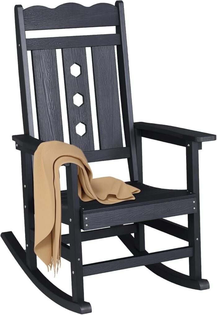 All-Weather Outdoor Rocking Chair, Oversized Porch Rocker Chair with 400 lbs Weight Capacity, High Back and Armrest, for Outdoor and Indoor, Garden, Backyard, Fire Pit, Lawn, Black