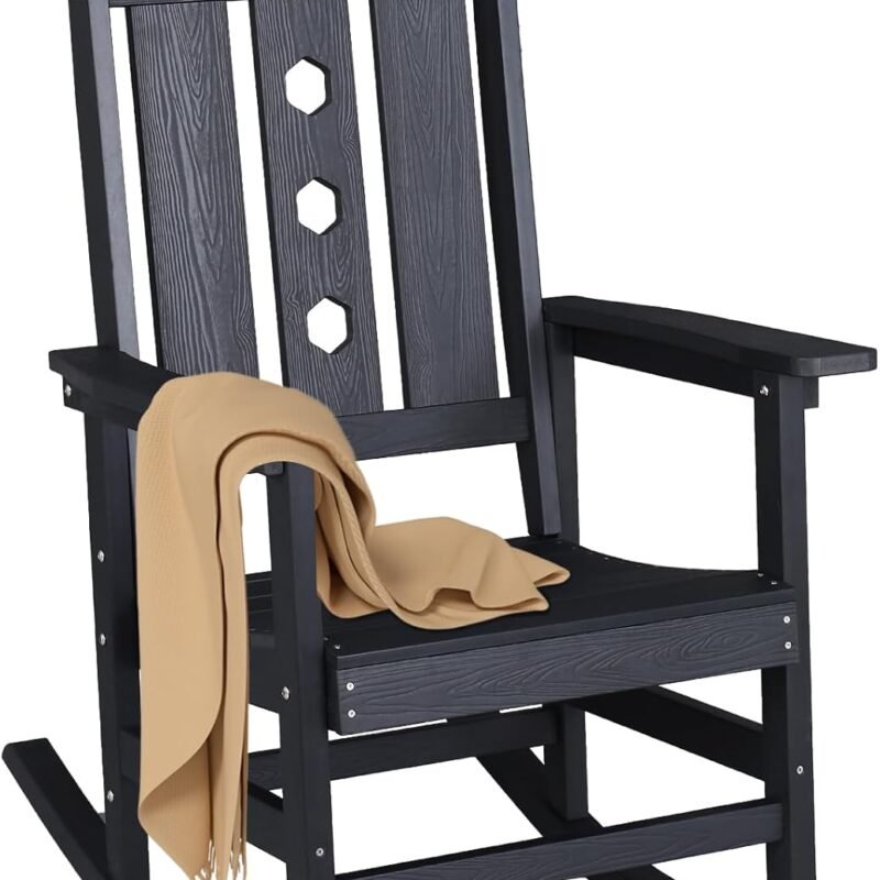 All-Weather Outdoor Rocking Chair, Oversized Porch Rocker Chair with 400 lbs Weight Capacity, High Back and Armrest, for Outdoor and Indoor, Garden, Backyard, Fire Pit, Lawn, Black